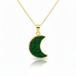 Dainty Green Druzy Crescent‎ Moon Pendant Necklace Gold Celestial Jewelry